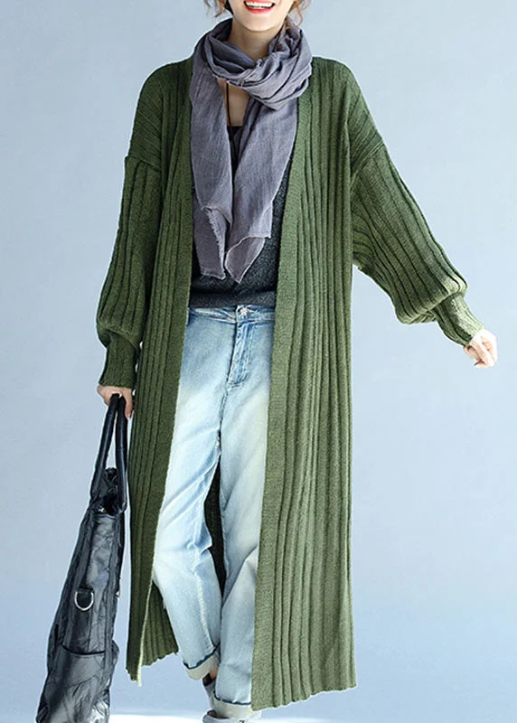 Vintage Green V Neck lantern sleeve Fall Knit Long sweaters Coat Embroidered Appliqued Beaded