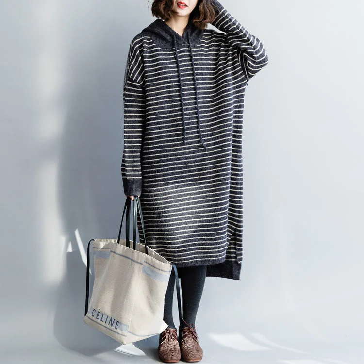 Vintage Sweater knit top pattern Moda hooded gray striped Mujer knit dress Notch Collar Peter Pan Collar Cowl Neck