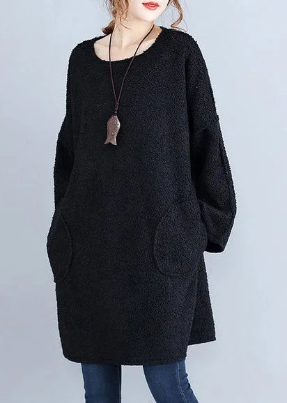 winter thick warm black corduroy dresses plus size casual long sleeve sweater dress Lace Blend Ribbed Blend Corduroy Blend