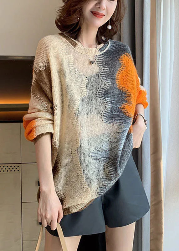 Women Apricot Hollow Out Loose Fall Knit sweaters Neon Metallic Matte