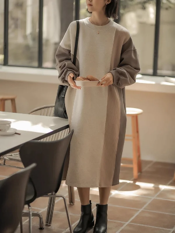 Women Winter Artsy Colorblock Loose Knit Sweater Dress Elasticated Padded Insulated