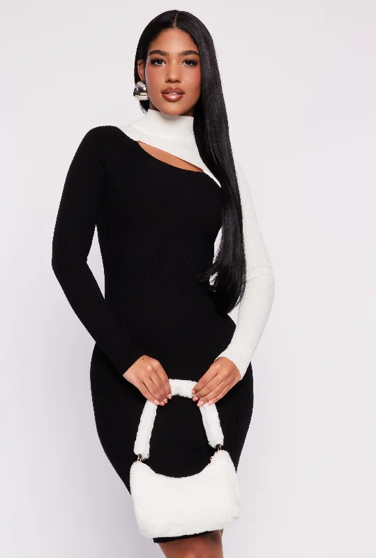 Asymmetrical Keyhole Color Blocked Sweater Dress