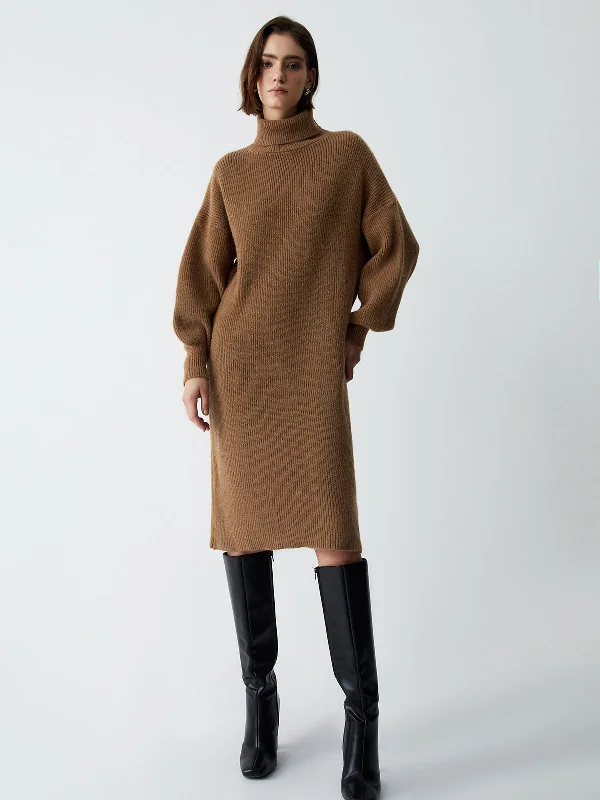 BerryBetty - Terracotta Turtleneck Long Sleeve Midi Sweater Dress