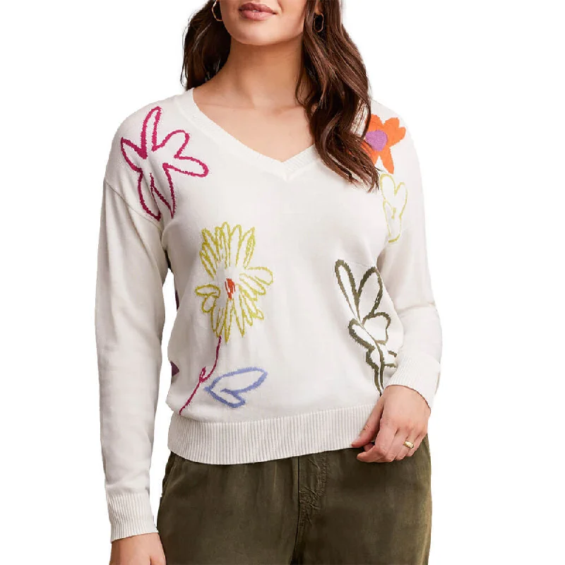 Tribal V-Neck Drop Shoulder Jacquard Sweater - Eggshell Multi