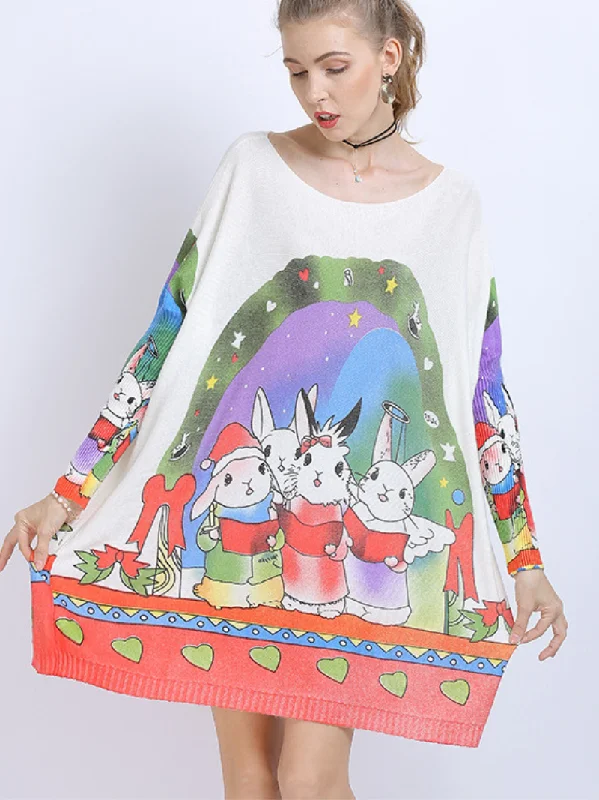 Women's Large Size midi length Sweater Neck Rabbit Print Knit Sweater Tops