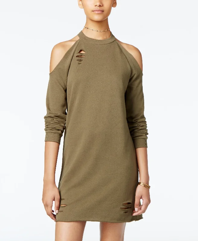 Planet Gold Juniors Ripped Raw Edge Cold Shoulder Sweatshirt Dress