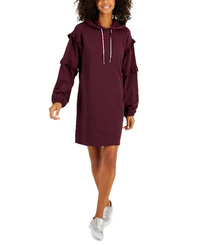 Tommy Hilfiger Womens Ruffle Sleeve Sweatshirt Dress Hoodie with Hem Patch Decorative Personalized Tommy Hilfiger Womens Ruffle Sleeve Sweatshirt Dress Hoodie with Hem Patch Decorative Personalized