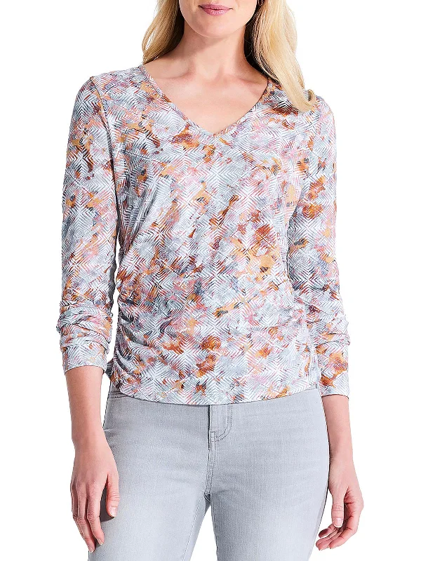 Blurred Grid Womens V Neck Shirt Pullover Top Lapel Neck Sweater