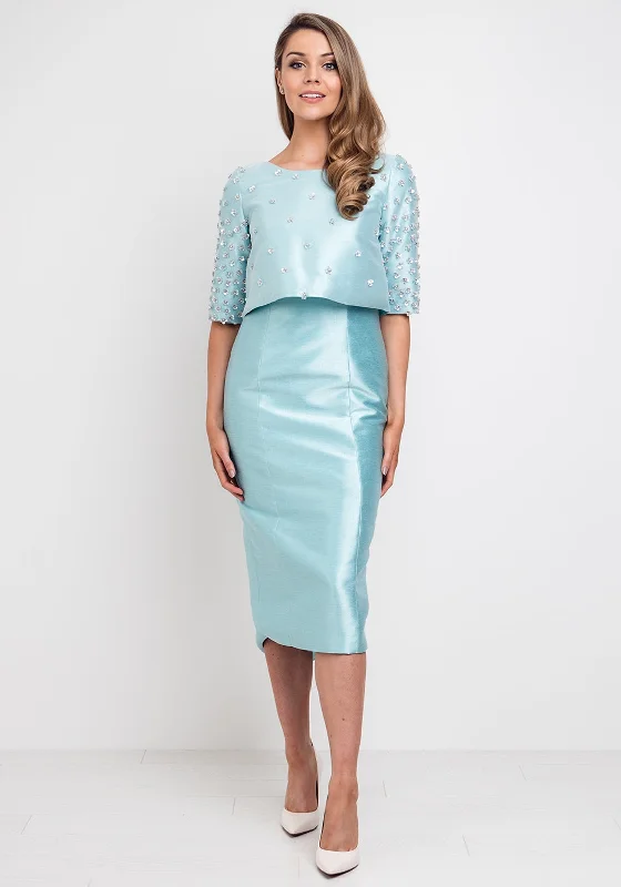 Fely Campo Floral Sequin Dress & Jacket, Aqua Blue