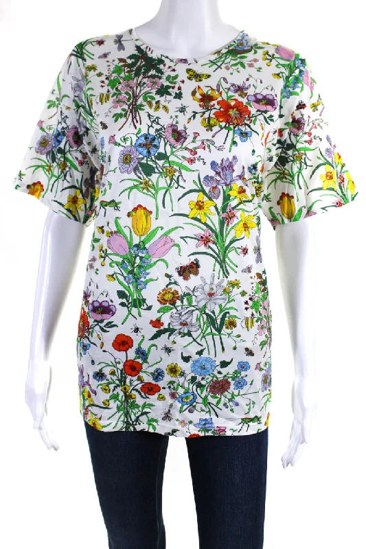 Gucci Womens Cotton Floral Round Neck Short Sleeve Pullover Top White Button Front Sweater