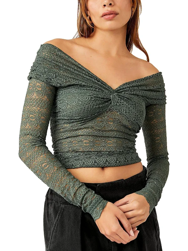 Hold Me Closer Womens Lace Ruched Pullover Top Ruffled Neck Pullover