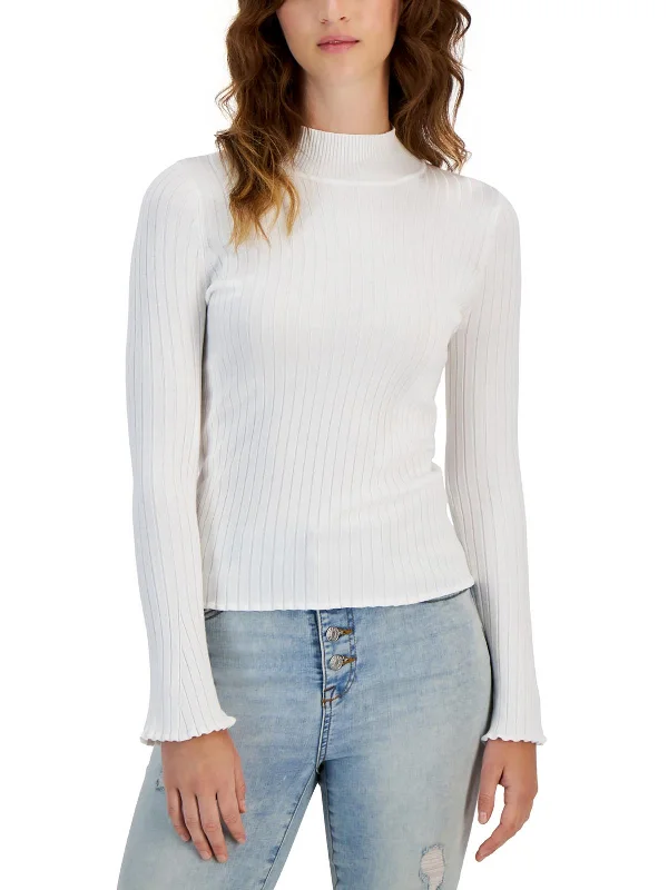 Juniors Womens Ribbed Long Sleeve Pullover Top Besom Neck Pullover