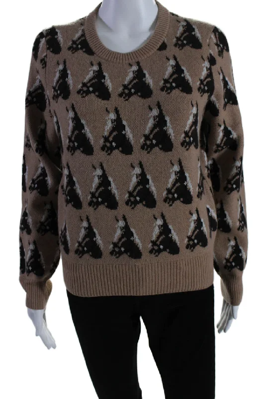 Libertine Womens Abstract Print Round Neck Pullover Sweater Top Brown Long Sleeve Pullover