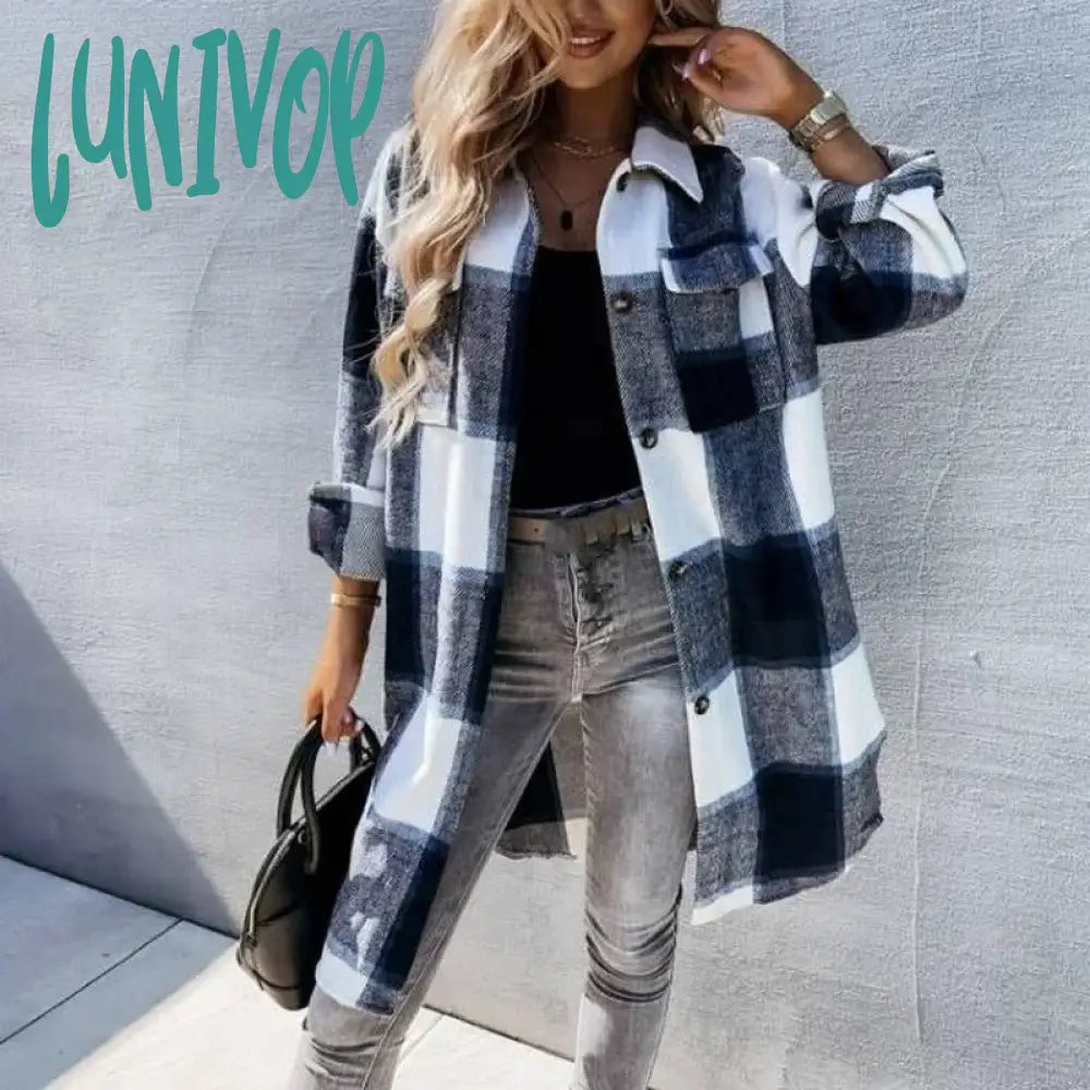 Lunivop Women Fashion Checked Shirt Coats Autumn Winter Woolen Blends Warm Long Plaid Coats Female Elegant Chic Retro Casual Jackets