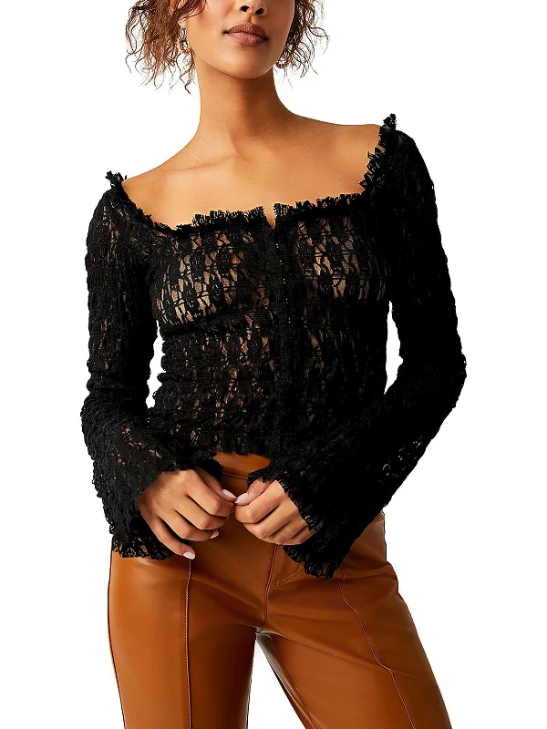 Madison Womens Lace Long Sleeve Pullover Top Scalloped Neck Pullover