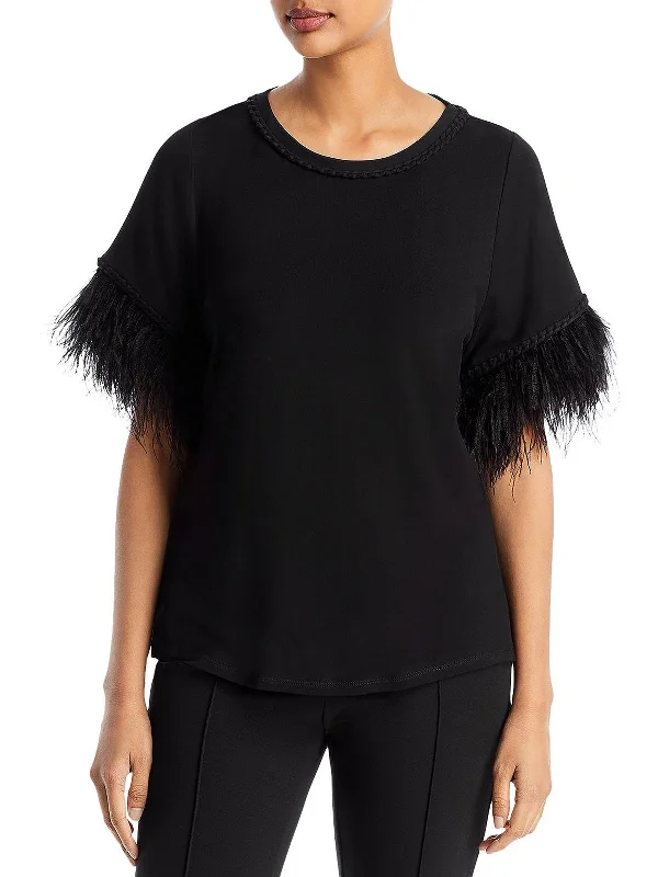 Miley Womens Faux Feather Trim Dolman Pullover Top Fitted Ribbed Sweater