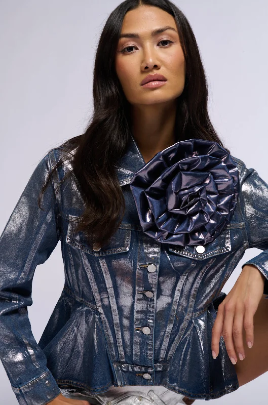 MONIQUE FLOWER DETAIL METALLIC DENIM JACKET