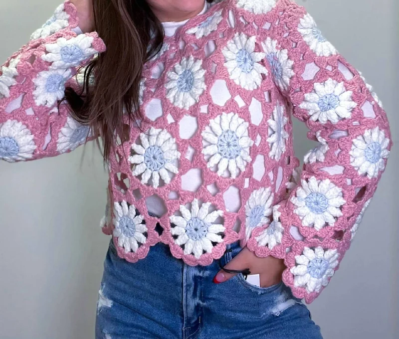 Patterned Cropped Crochet Pullover In Pink Boyleg Sleeve Pullover