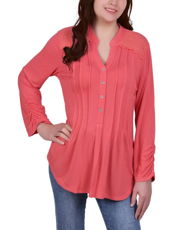 Petites Womens Button Work Day Wear Pullover Top Bateau Neck Pullover