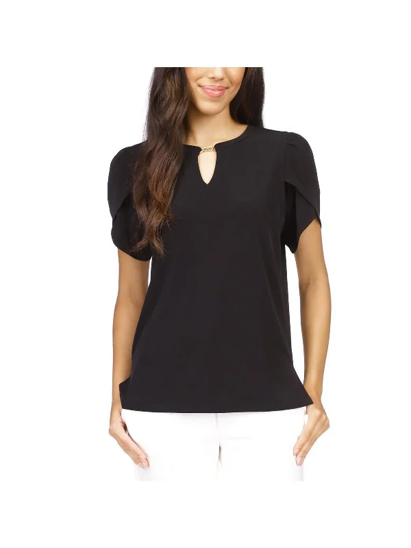 Petites Womens Keyhole Short Sleeve Pullover Top Bolero Style Sweater