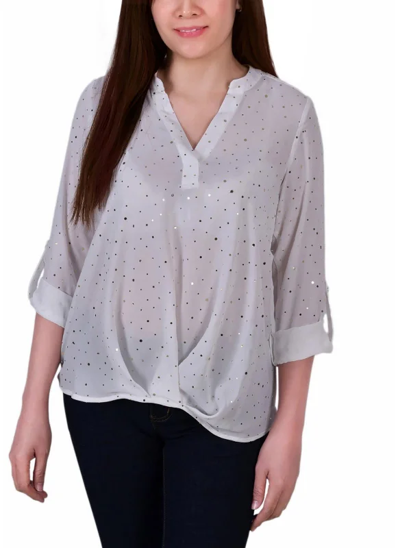Petites Womens Metallic Work Day Wear Pullover Top Keyhole Neck Pullover