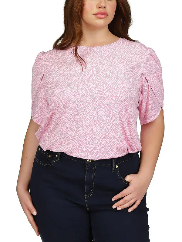 Petites Womens Printed Tulip Sleeves Pullover Top Lapel Neck Sweater