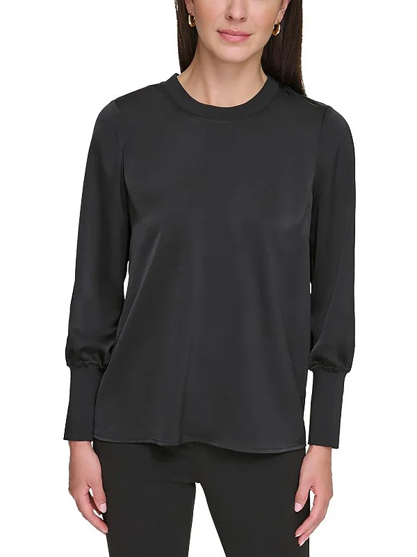Petites Womens Satin Crewneck Pullover Top Slouchy Comfort Pullover