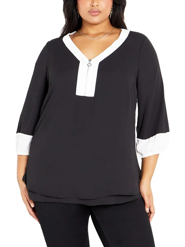 Plus Melinda Womens Chiffon 1/4 Zip Pullover Top Ruffle Neck Pullover