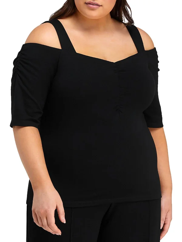 Plus Sacha Womens Knit Ruched Pullover Top One Shoulder Top