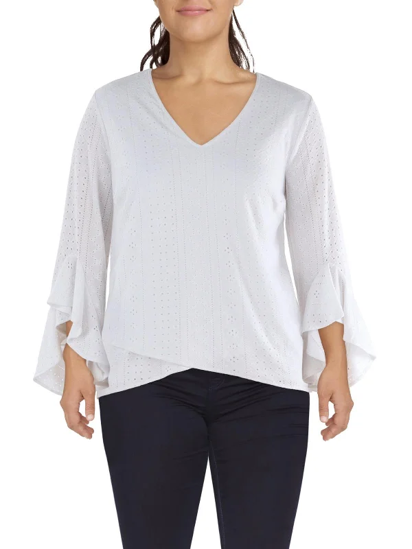 Plus Womens Eyelet V-Neck Pullover Top Alpaca Blend Soft