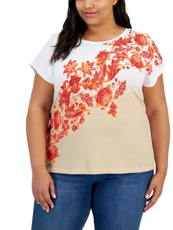 Plus Womens Floral Print Pullover Top Port Neck Pullover