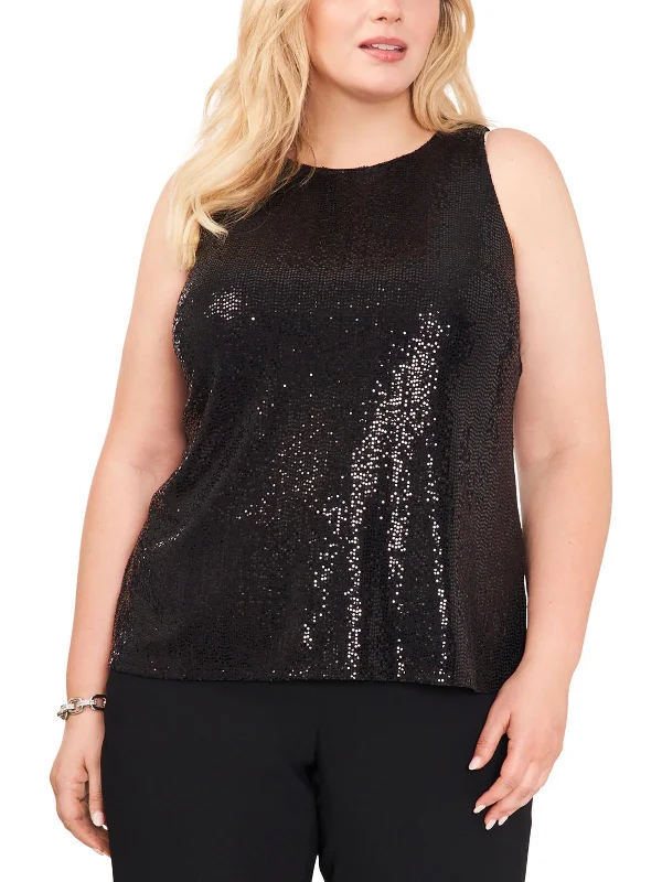 Plus Womens Sequined Round Neck Pullover Top High Neck Pullover