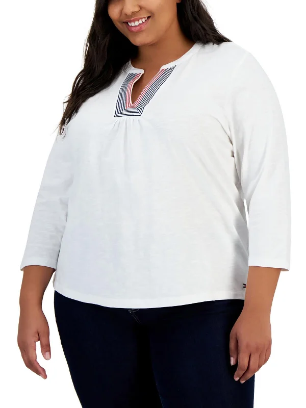 Plus Womens Split-Neck 3/4 Sleeve Pullover Top Bell Sleeve Stylish