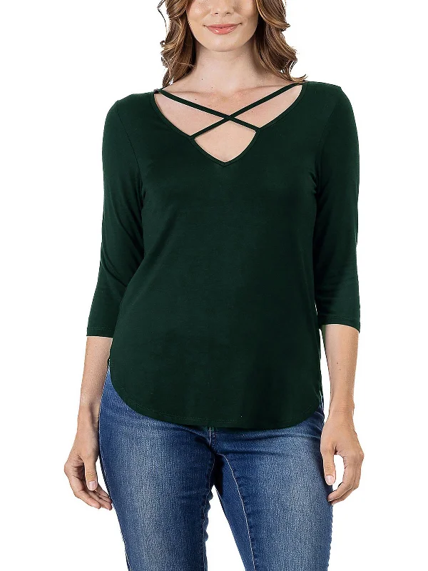 Plus Womens V Neck Three Quarter Sleeve Pullover Top Shirred Sleeve Feminine