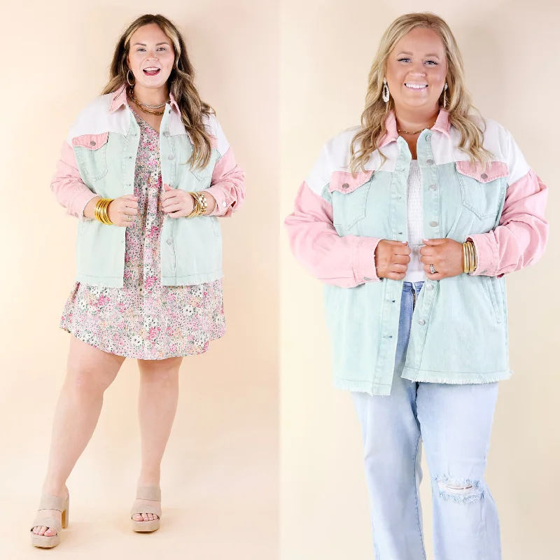 Style Mentor Color Block Button Up Jacket in Sage and Pink