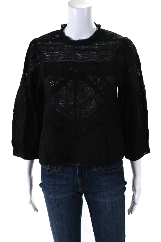 The Great Womens Cotton Embroidered Long Sleeve Pullover Verona Top Black Textured Knit Design The Great Womens Cotton Embroidered Long Sleeve Pullover Verona Top Black Textured Knit Design