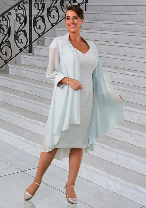 Veromia Metallic Dress & Chiffon Jacket, Silver Blue