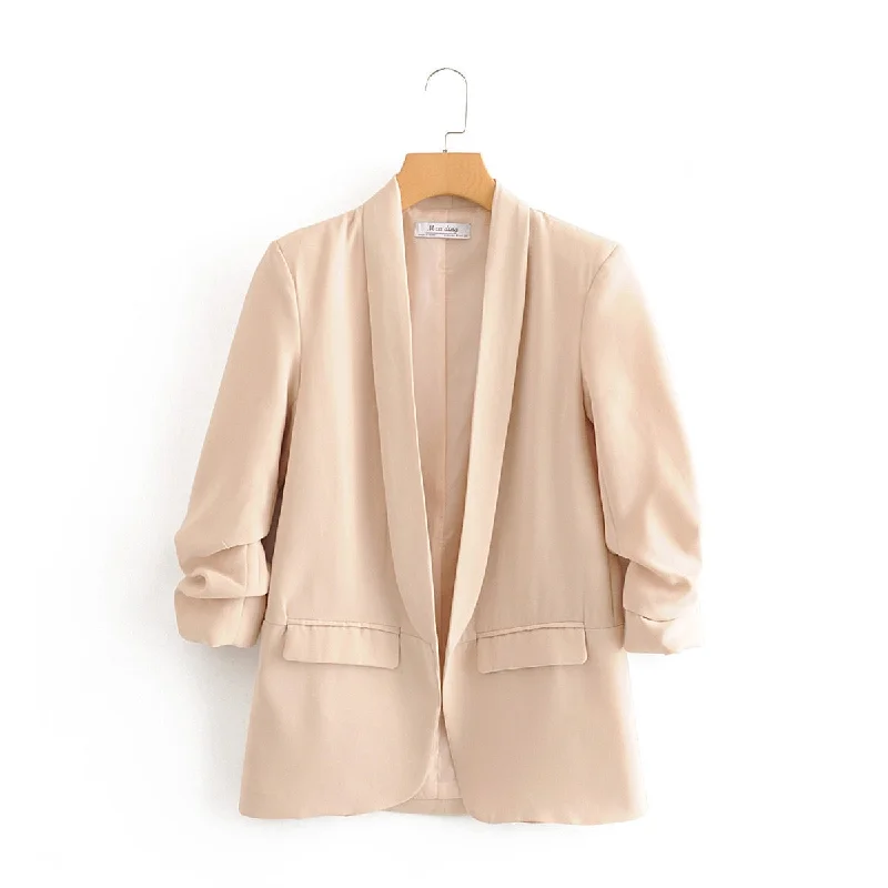 women vintage solid cotton cuffs pleated blazer female long sleeve elegant jacket ladies work wear blazer formal suits