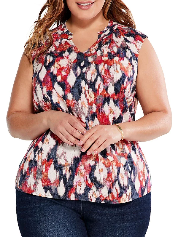 Womens Abstract Floral Pullover Top Blouson Sleeve Pullover