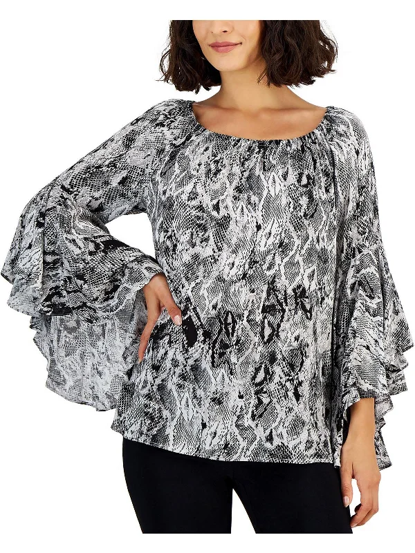 Womens Animal Print Boat Neck Pullover Top Notched Neck Pullover