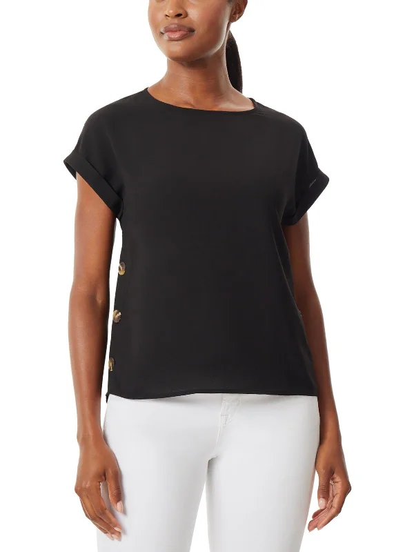 Womens Button Detail Short Sleeve Pullover Top Open Front Cardigan