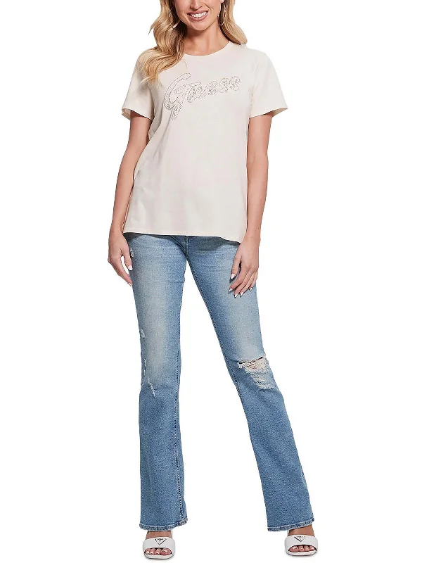 Womens Cotton Logo Pullover Top Keyhole Neck Pullover
