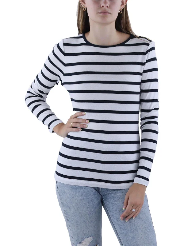 Womens Cotton Striped Pullover Top Gathered Sleeve Pullover