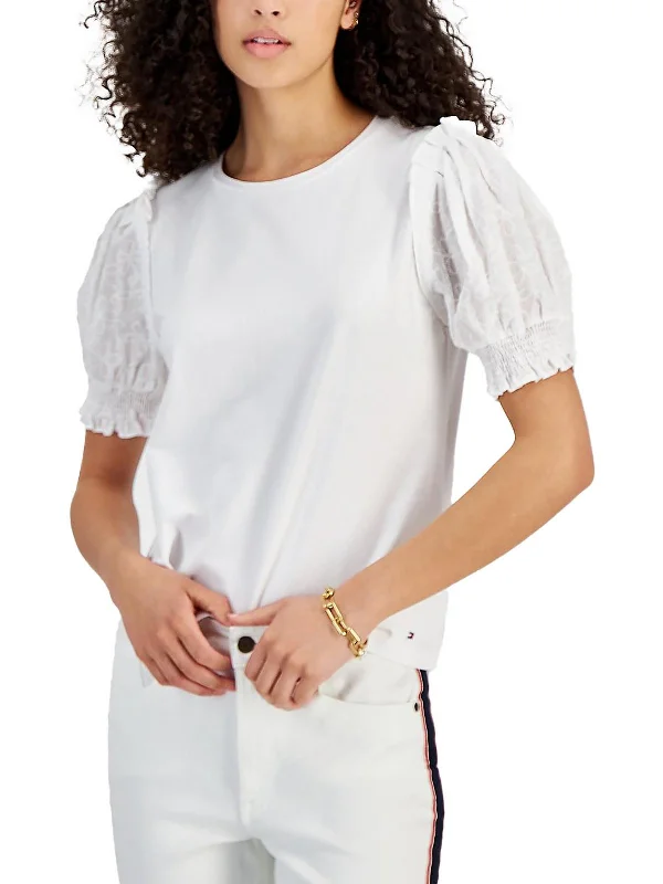 Womens Crewneck Pleated Pullover Top Ribbed Crew Neck