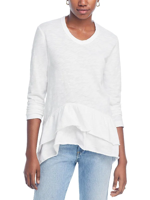 Womens Crewneck Ruffled Pullover Top Flutter Sleeve Feminine