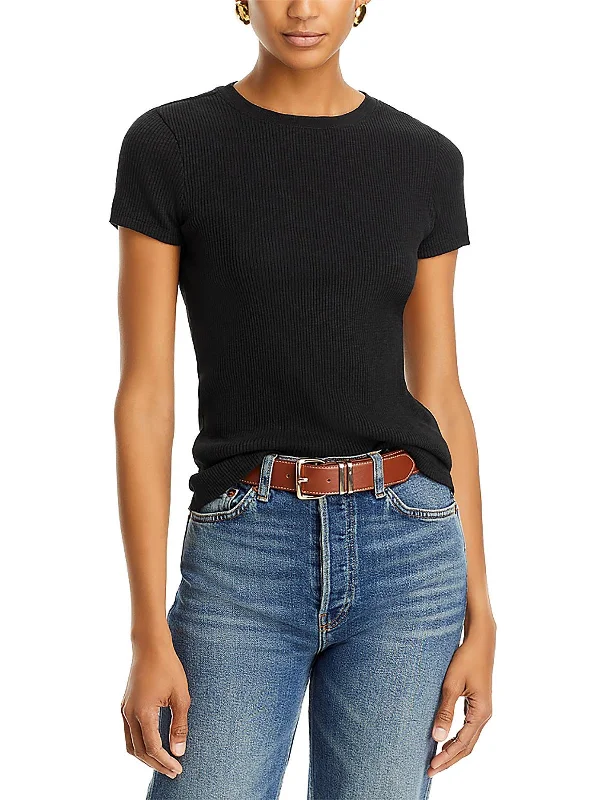 Womens Crewneck Short Sleeve Pullover Top Faux Fur Trim