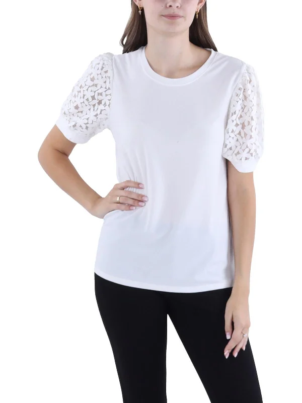 Womens Crochet Puff Sleeve Pullover Top Over Sleeve Pullover