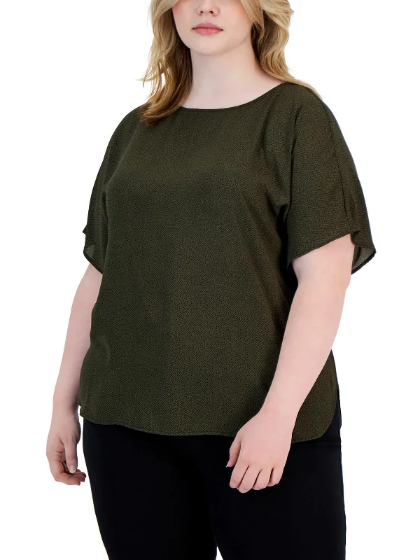 Womens Dot Print Cap Sleeve Pullover Top Open Neck Pullover