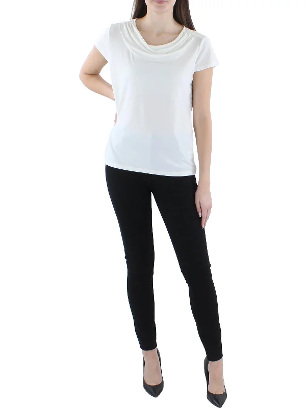 Womens Drapey Neckline Shirred Pullover Top Short Puff Sleeve