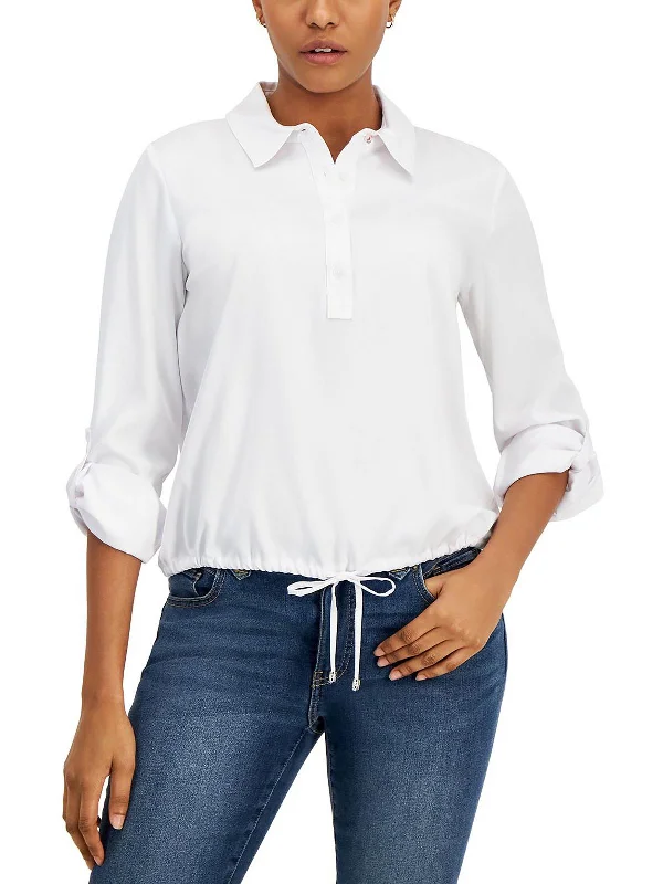 Womens Drawstring Hem Collared Pullover Top Jewel Neck Pullover